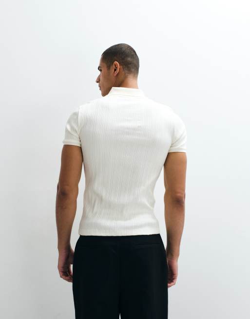 ASOS DESIGN muscle polo with chest embroidery in cream ribbed luxe fabric, 5 of 5