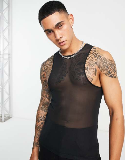 SweatyRocks Men's See Through Fishnet Tank Top Sleeveless Racerback Mesh  Tops