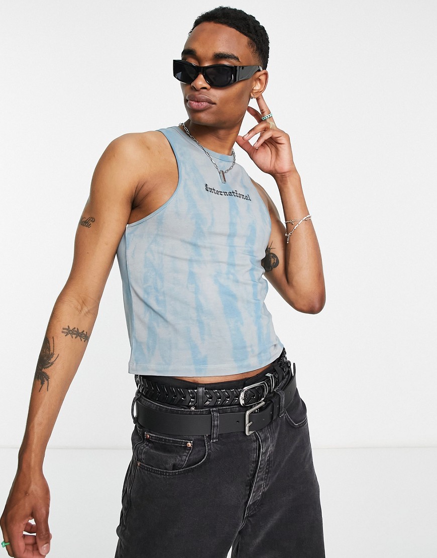 ASOS DESIGN muscle racer Tank top in blue tie dye with print