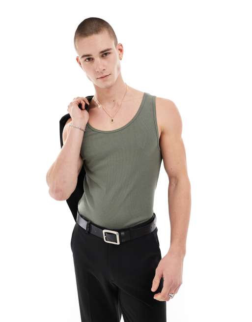 ASOS DESIGN muscle rib singlet in khaki