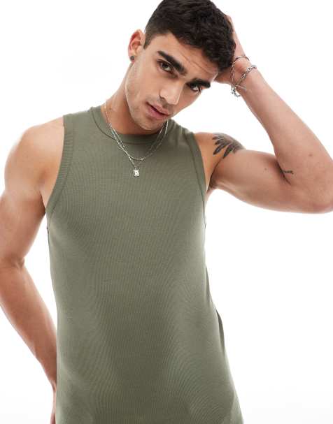 ASOS DESIGN muscle rib singlet with crew neck in khaki - view 1
