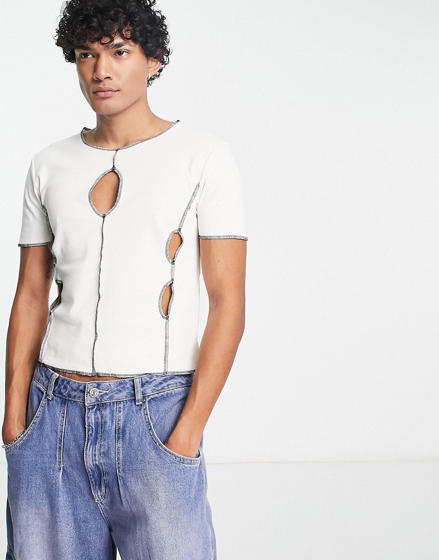 ASOS DESIGN muscle rib t-shirt in cream with multi cut outs-White