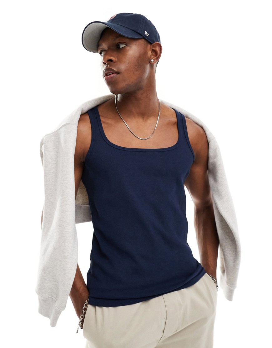 ASOS DESIGN muscle rib vest with square neck in navy