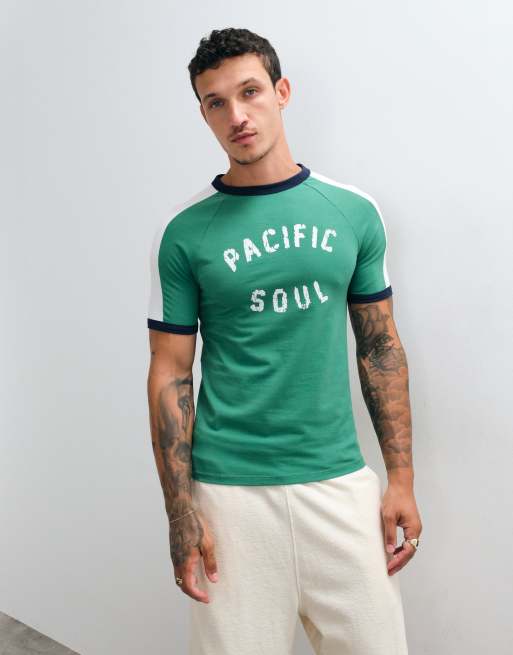 ASOS DESIGN muscle ringer T-shirt met distressed Pacific Soul-print in groen, 4 van 5