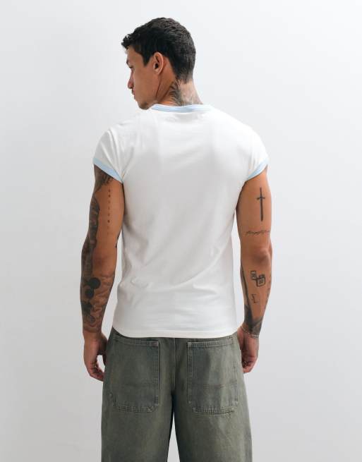 ASOS DESIGN Muscle-Ringer-T-Shirt mit Used-Look-Sonnenmotiv in Cremeweiß, 4 von 5