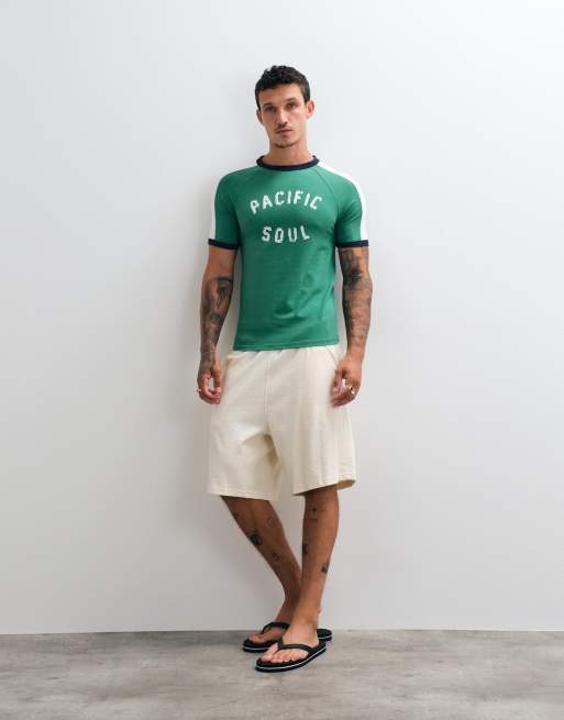 ASOS DESIGN muscle ringer t-shirt with distressed pacific soul graphic in green, 3 of 5