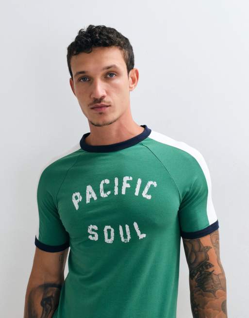 ASOS DESIGN muscle ringer t-shirt with distressed pacific soul graphic in green, 5 of 5