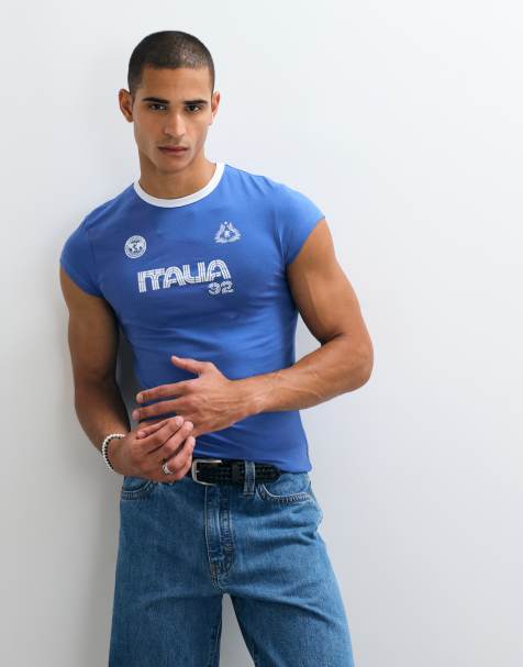 ASOS DESIGN muscle ringer t-shirt with Italia football graphic in blue - view 1