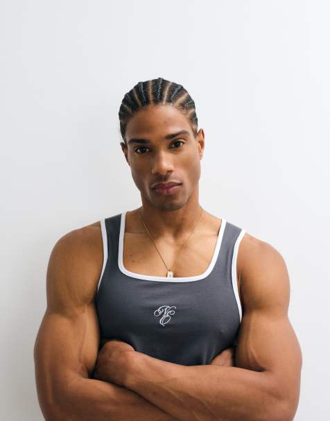 ASOS DESIGN muscle ringer vest with chest embroidery in grey - view 1