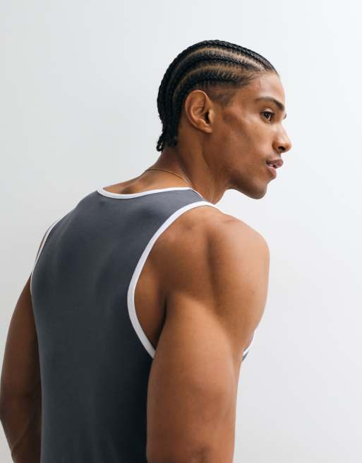 ASOS DESIGN muscle ringer vest with chest embroidery in grey, 2 of 5