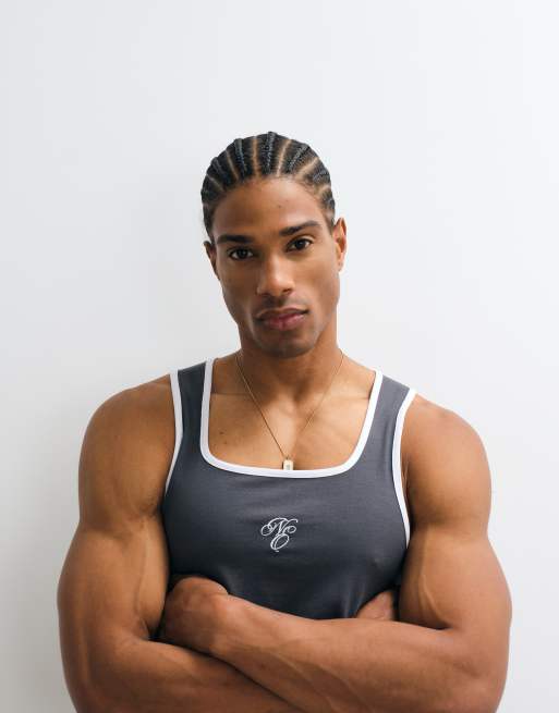 ASOS DESIGN muscle ringer vest with chest embroidery in grey, 3 of 5