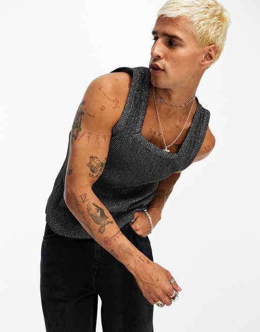 ASOS DESIGN muscle singlet with square neck in black glitter rib
