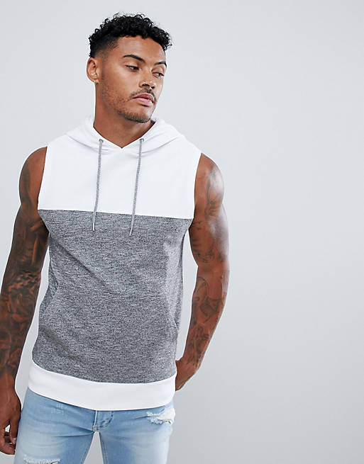 ASOS DESIGN muscle sleeveless hoodie with interest fabric color block ...
