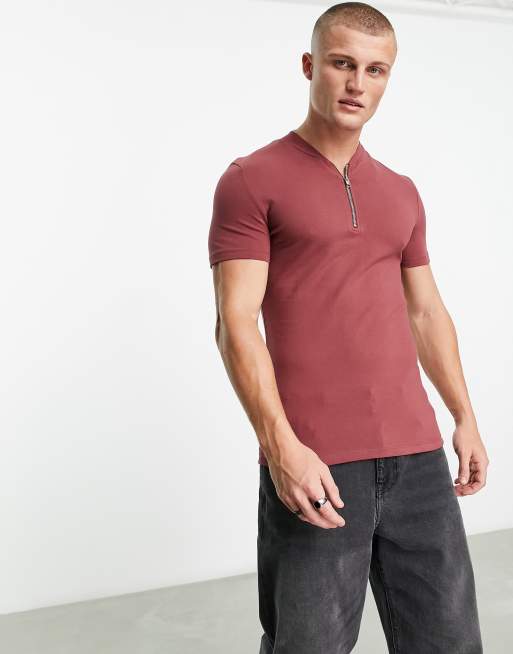 ASOS DESIGN muscle fit ribbed mock neck t-shirt with zip in tan