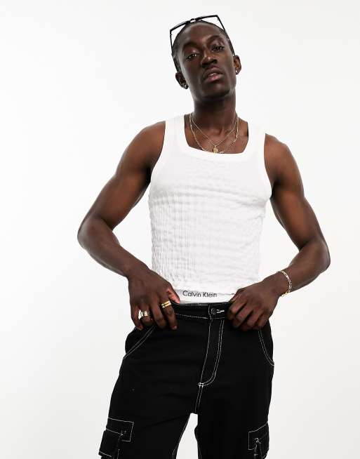 ASOS DESIGN muscle square neck singlet in white texture