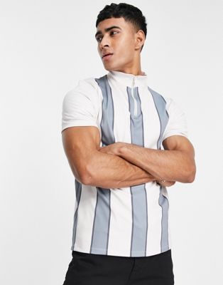 ASOS DESIGN muscle stripe t-shirt in blue & white with neck zip detail
