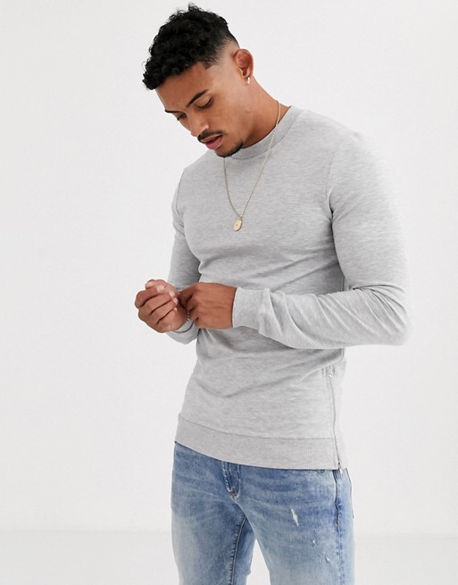 ASOS DESIGN muscle sweatshirt in grey marl with silver side zips