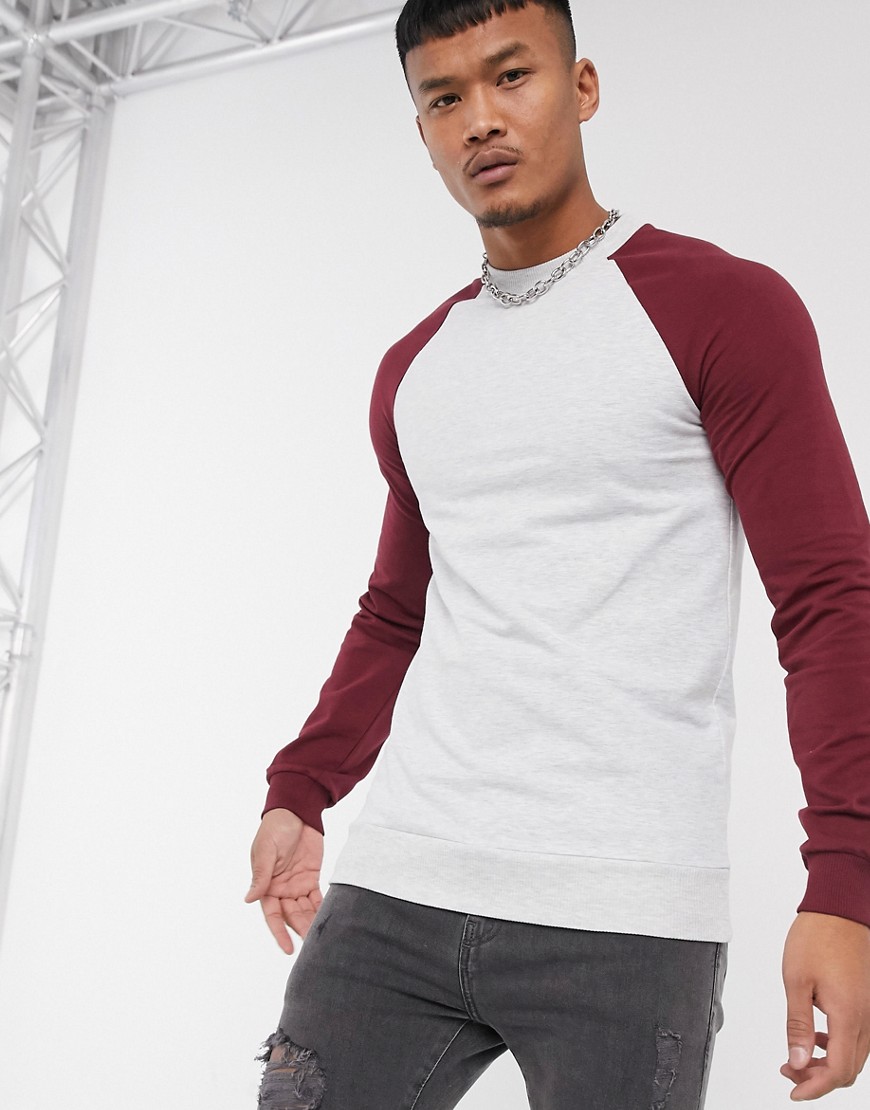 ASOS DESIGN muscle sweatshirt in white marl with burgundy raglan sleeves
