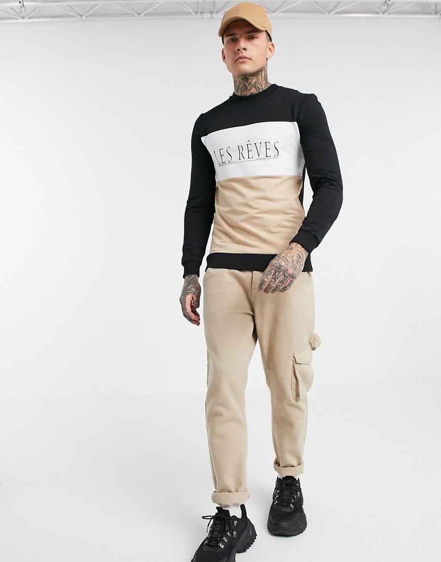 ASOS DESIGN muscle sweatshirt with contrast panels & text print-Beige