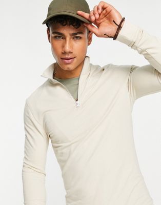 ASOS DESIGN muscle sweatshirt with half zip in beige