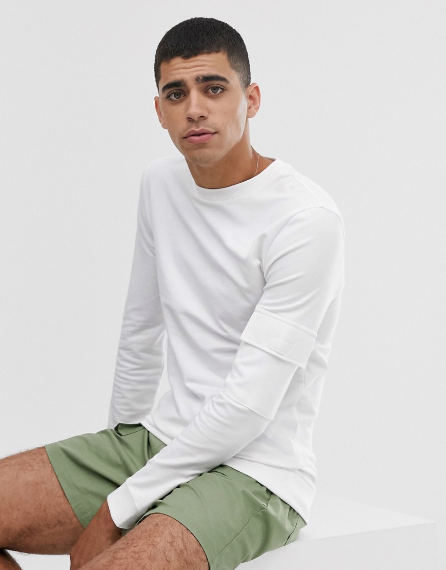 ASOS DESIGN muscle sweatshirt with utility sleeve pocket in white