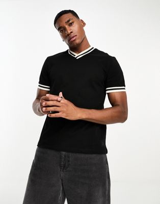 ASOS DESIGN muscle t-shirt in black with cream trims and v-neck