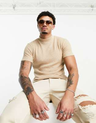 ASOS DESIGN short sleeve t-shirt with mock neck and taping detail in khaki