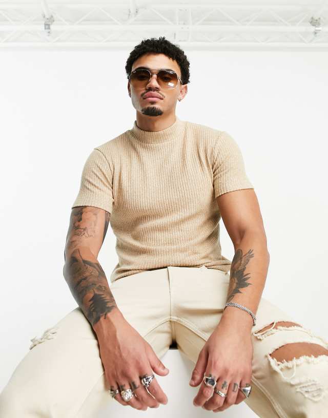 ASOS DESIGN muscle t-shirt in brushed beige fabric with turtle neck