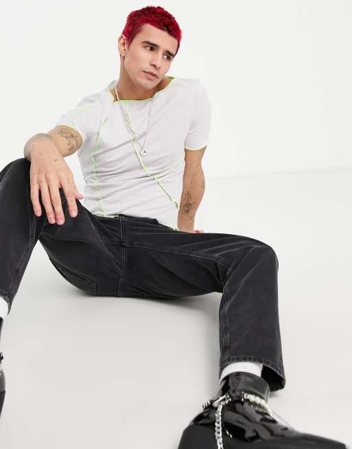ASOS DESIGN muscle T-shirt in lilac with lime flatlock stitching