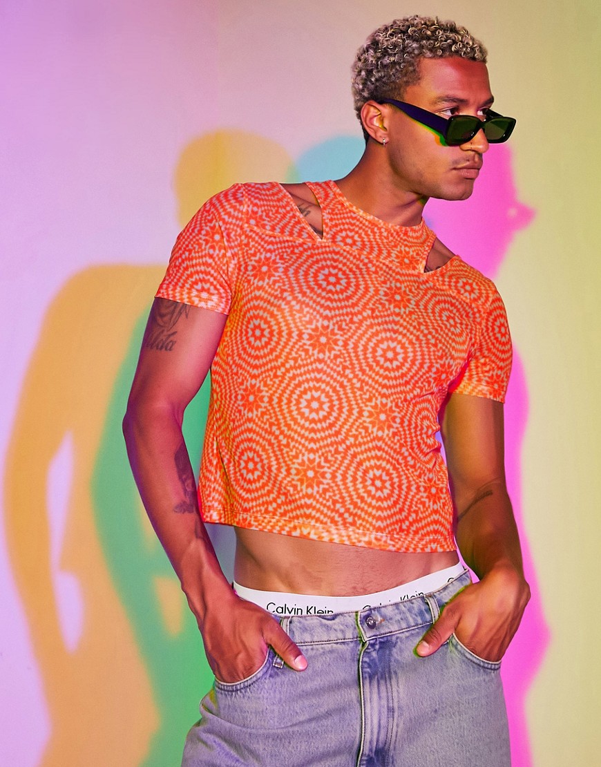 ASOS DESIGN muscle T-shirt in orange printed mesh with cut outs