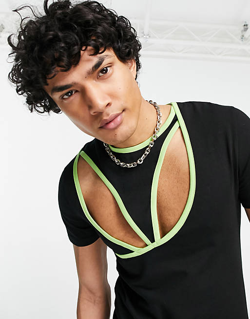 ASOS DESIGN muscle t-shirt with chest cut out in black with lime piping