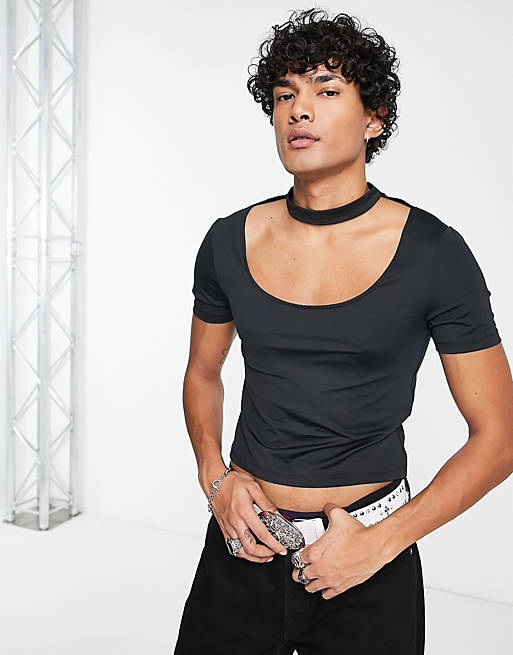 ASOS DESIGN muscle T-shirt with chest cut out in black