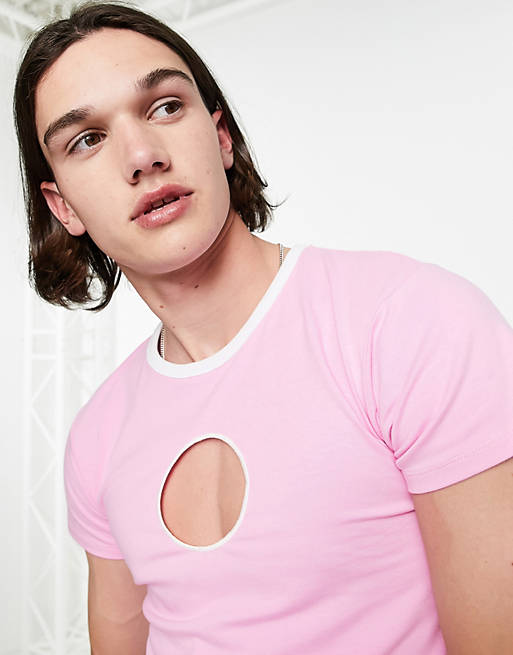 ASOS DESIGN muscle t-shirt with circle chest cut out in pink with ringer