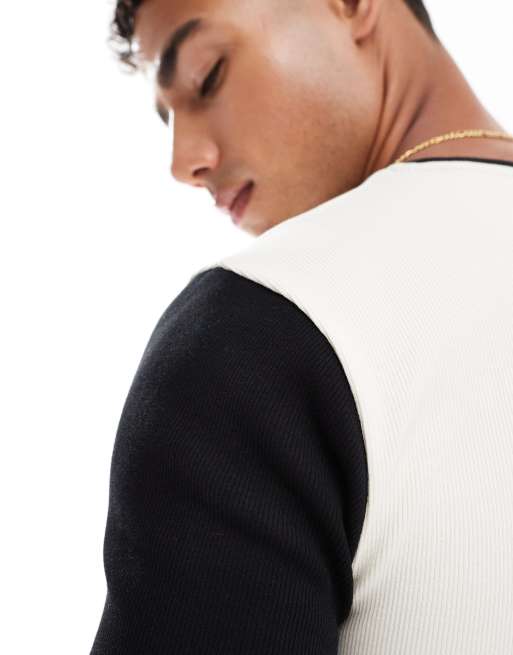 ASOS DESIGN muscle T-shirt with contrast sleeves in cream rib , 4 of 4