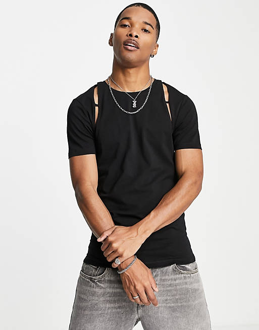 ASOS DESIGN muscle t-shirt with cut out sleeve detail in black
