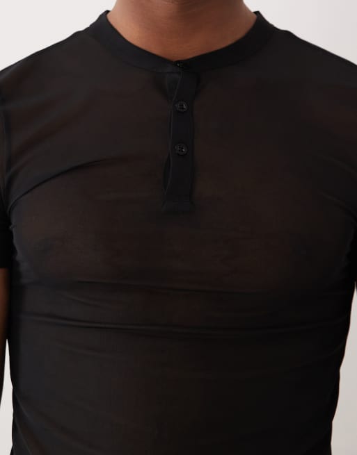 ASOS DESIGN muscle t-shirt with henley neck in black mesh, 3 of 5