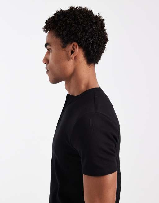 ASOS DESIGN muscle t-shirt with henley neck in black rib  , 4 of 5