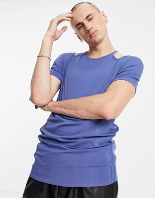 ASOS DESIGN muscle t-shirt with neck cut outs in blue