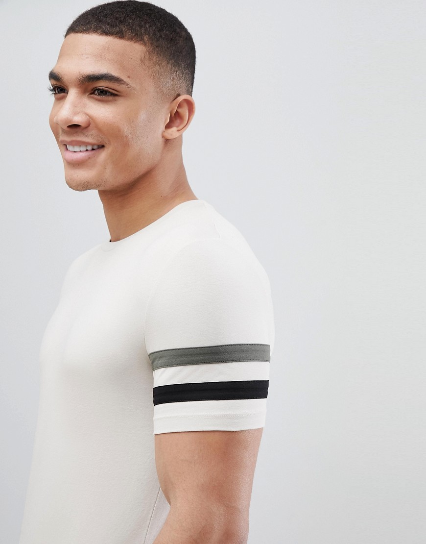 ASOS DESIGN muscle t-shirt with stretch and contrast sleeve panels-Beige