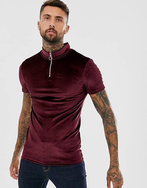 ASOS DESIGN muscle t-shirt with stretch and turtle zip neck in burgundy ...