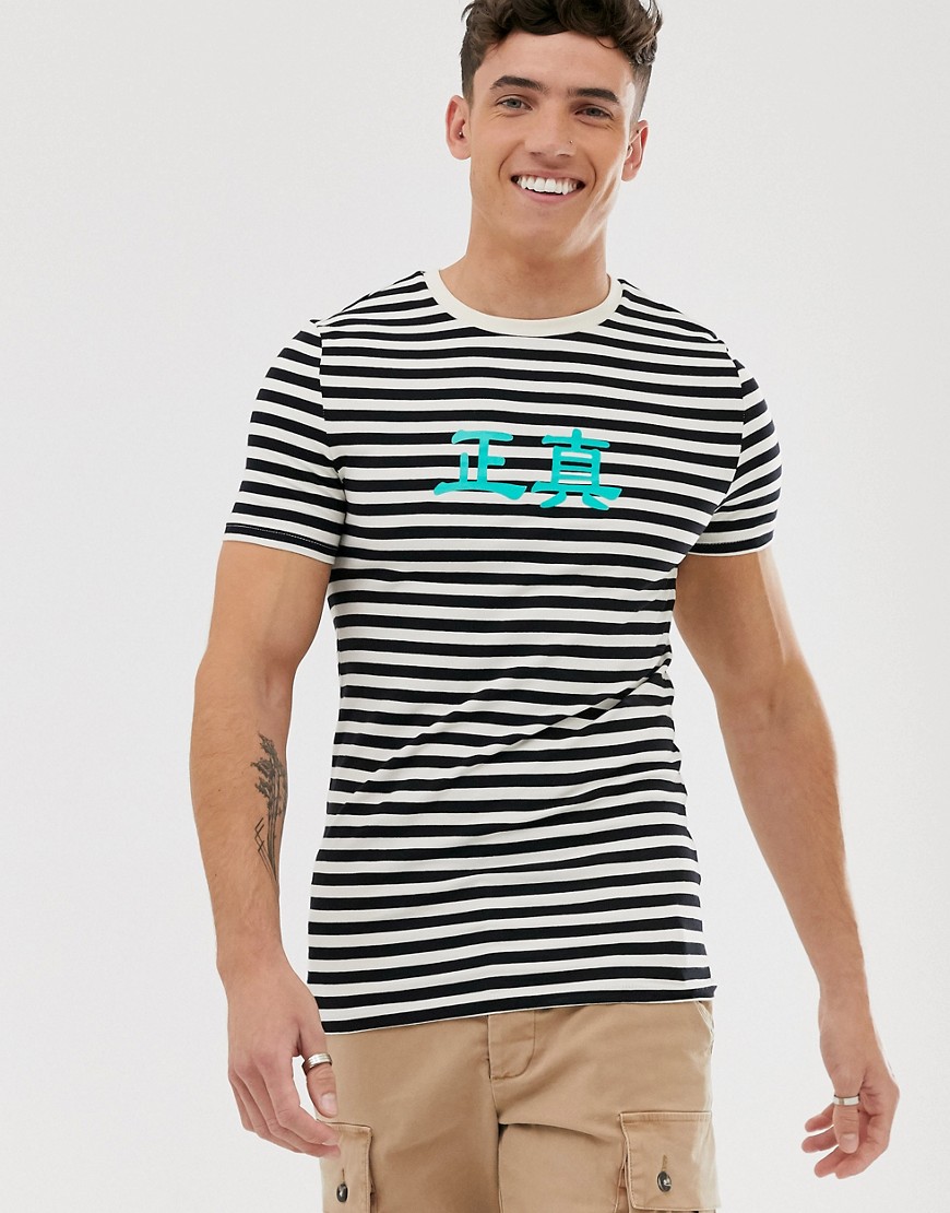 ASOS DESIGN muscle t-shirt with stripe and Japanese text-White