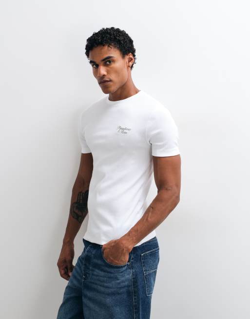 ASOS DESIGN muscle t-shirt with swirl text back graphic in white ribbed fabric, 2 of 5