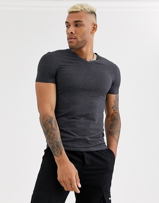 ASOS DESIGN muscle t-shirt with v neck in charcoal marl
