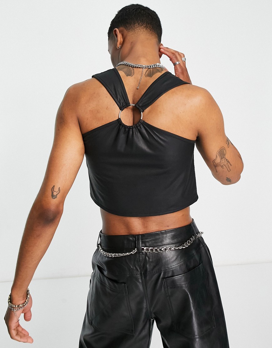 ASOS DESIGN muscle tank top in black coated fabric with asymmetrical hem and metal ring detail - BLACK - BLACK