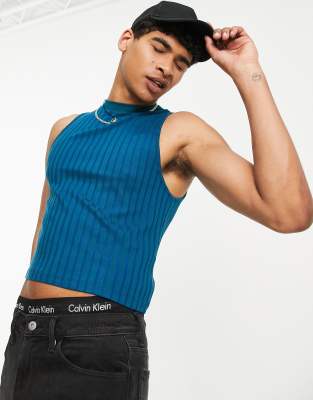 ASOS DESIGN muscle tank top in blue two-tone rib with cut-out back