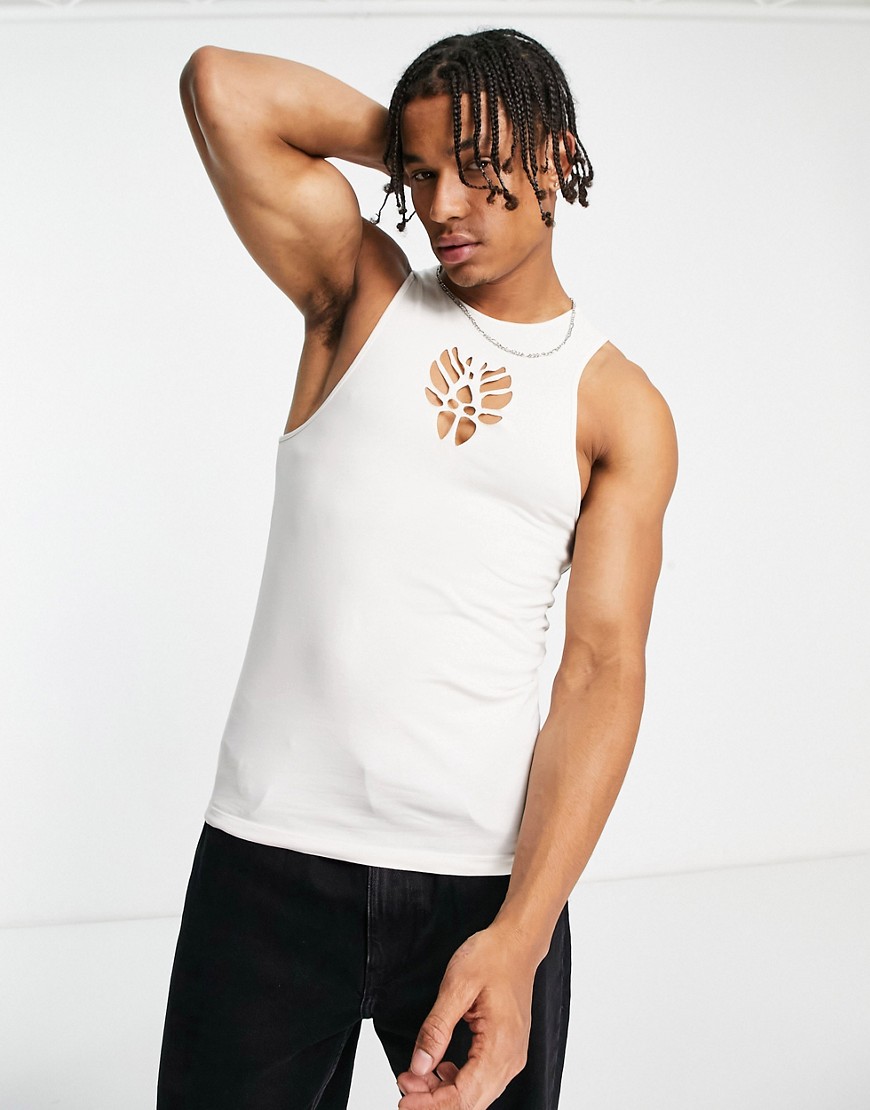 ASOS DESIGN muscle tank top in off white with laser cut tattoo design