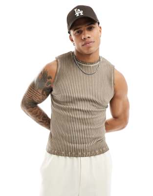 FhyzicsShops DESIGN muscle tank vest in brown oil rib wash