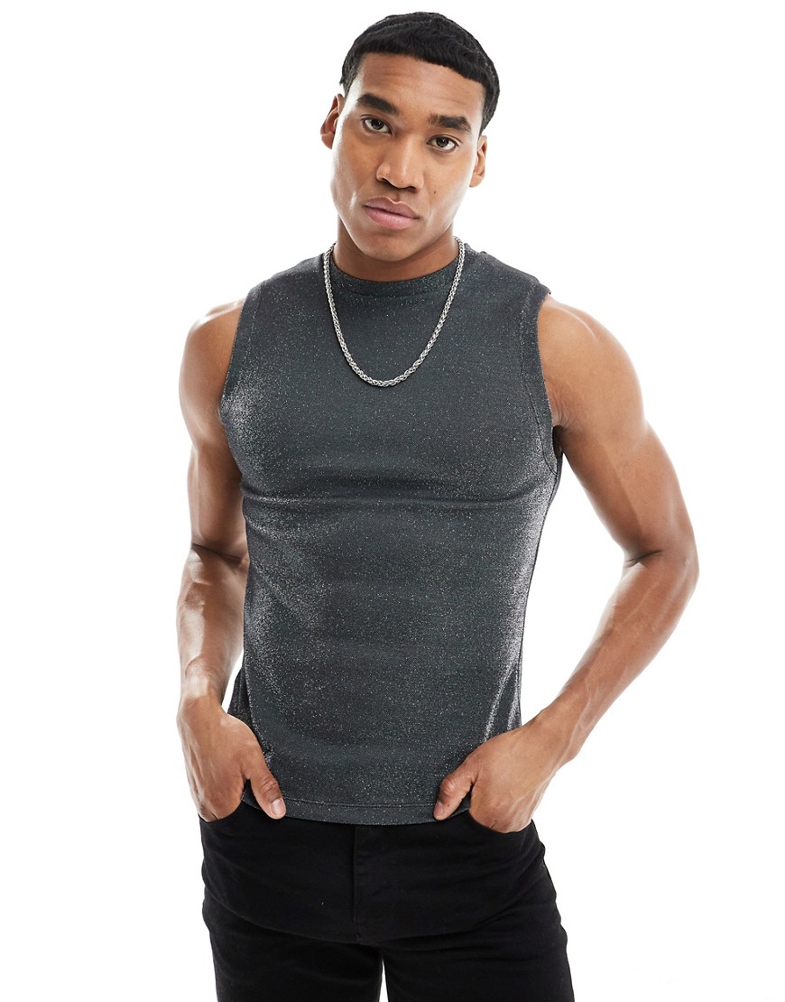 ASOS DESIGN muscle tank vest in glitter fabric-Black