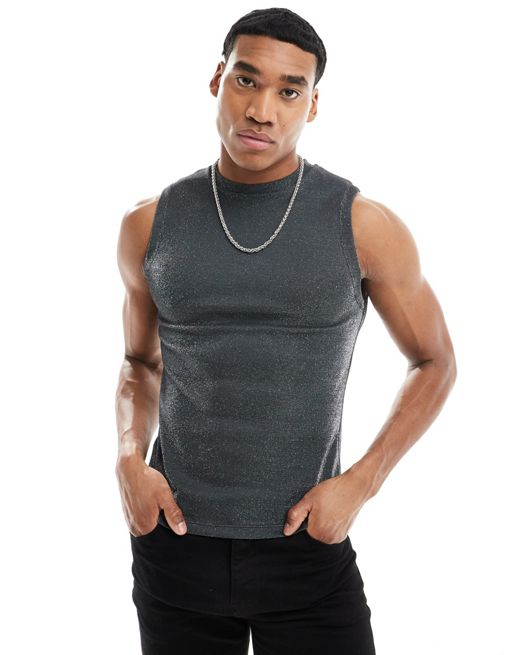 FhyzicsShops DESIGN muscle tank vest in glitter fabric