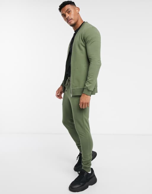 ASOS DESIGN muscle tracksuit with bomber in khaki